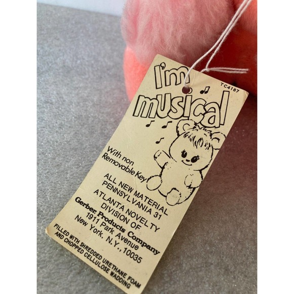 Vintage Gerber Atlanta Stuffed Animal Plush Wind up Musical Pink Dog Works w Tag - Picture 6 of 7